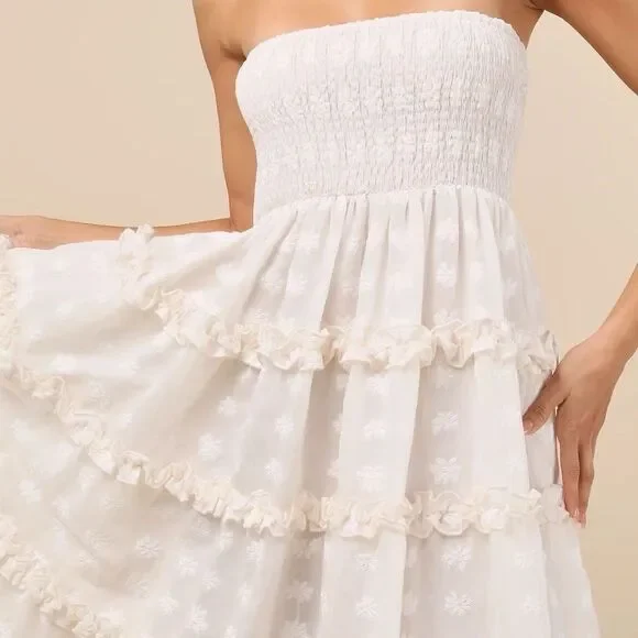Lulus Beautiful Sentiments Ivory Floral Strapless Tiered Midi Dress Size  XXL NEW